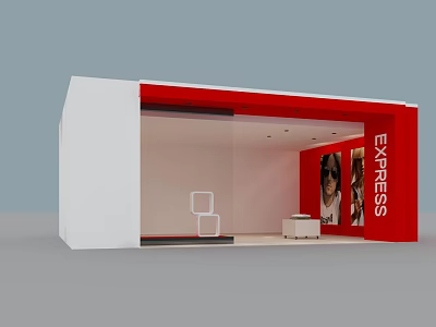 Red and White Express Brand Store Window With Display Shelf And Small Table 3d model
