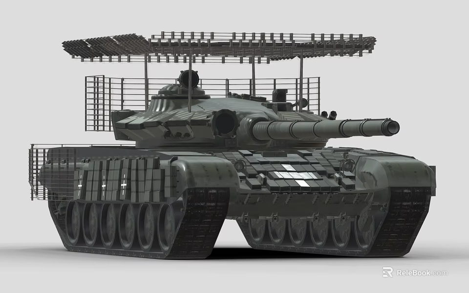 Military Tank With Metal Structure Top Railing Platform Cannon Barrel And Tracks 3d model 