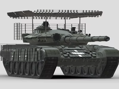 Military Tank With Metal Structure Top Railing Platform Cannon Barrel And Tracks 3d model