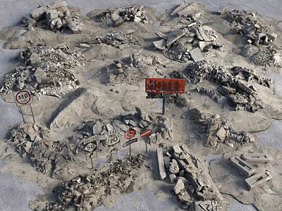 Pile Of Stone And Wood Ruins With Traffic Signs And Debris 3d model