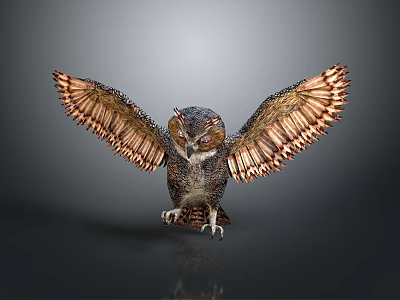 Flying Animal Owl With Spread Wings And Detailed Feathers On Gray Background 3d model