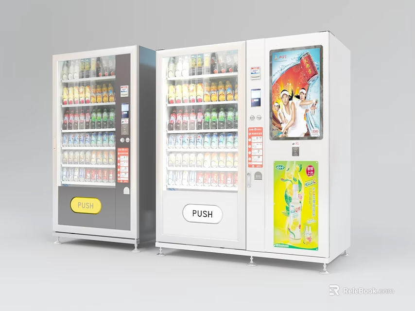 Modern Vending Machines with Assorted Drinks Glass Fronts Push Buttons and Advertisement Panels 3d model