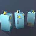 Three Blue Vintage Refrigerators Freezers With Yellow Tags On Display In Interior
