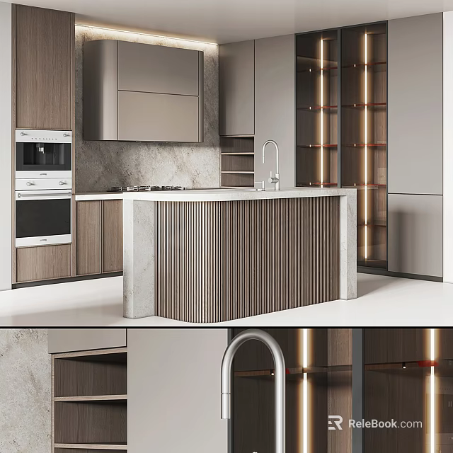 Modern Kitchen Interior With Wooden Cabinets Island Counter And Oven Appliances 3d model 