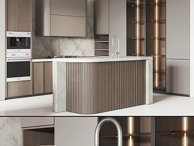 Modern Kitchen Interior With Wooden Cabinets Island Counter And Oven Appliances 3d model