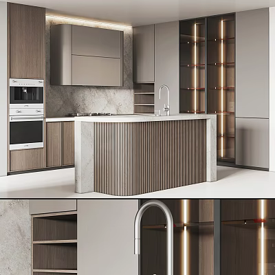 Modern Kitchen Interior With Wooden Cabinets Island Counter And Oven Appliances 3d model