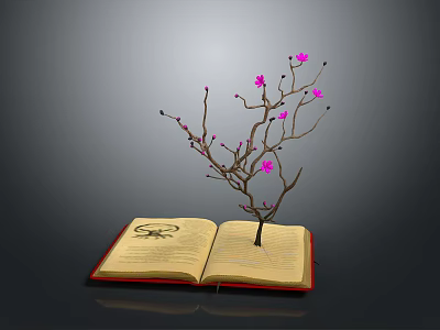 Open Book With Growing Tree Having Pink Flowers And Symbol On Pages 3d model