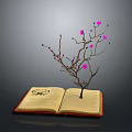 Open Book With Growing Tree Having Pink Flowers And Symbol On Pages