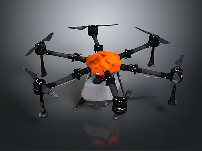 Hexacopter Drone With Orange Central Unit White Payload Black Frame Propellers And Landing Gear 3d model