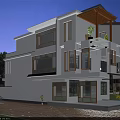 Modern Two Story Detached Villa Exterior With Large Windows Roof Greenery Garage And Wooden Door