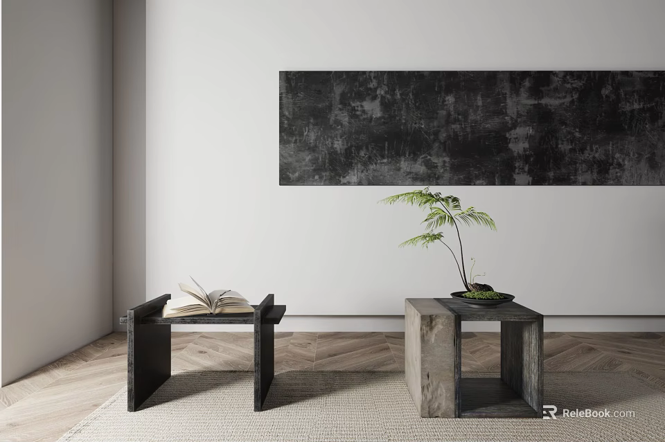 Black And Gray Stools With Open Book Green Plant On White Wall Black Abstract Painting Wooden Herringbone Floor 3d model 