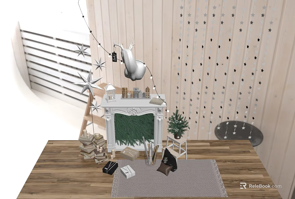 Warm Fireplace Interior With Wooden Walls Star Decorations Green Plant And Wooden Floor 3d model 
