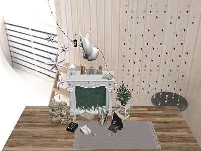 Warm Fireplace Interior With Wooden Walls Star Decorations Green Plant And Wooden Floor 3d model