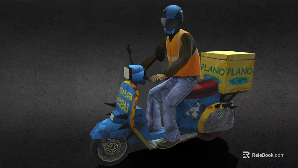 Game Movie Character Riding Blue Motorcycle In Orange Vest With Yellow Delivery Box 3d model 