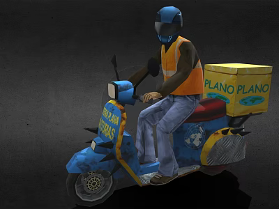 Game Movie Character Riding Blue Motorcycle In Orange Vest With Yellow Delivery Box 3d model