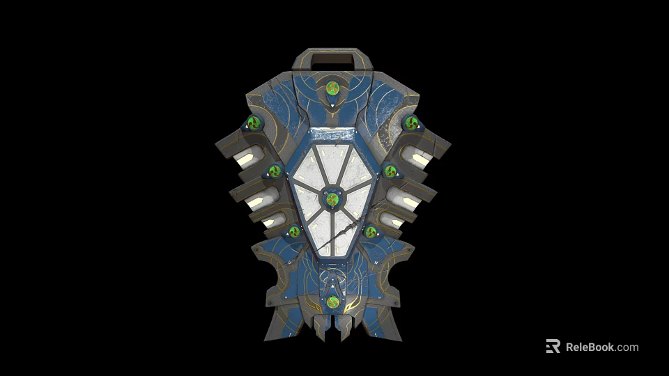 Fantasy Shield Weapon With Blue Design Green Gems Glowing Metallic Ornate Structure Details 3d model 