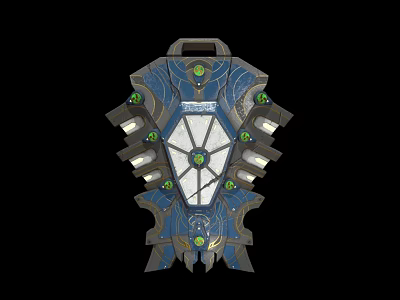 Fantasy Shield Weapon With Blue Design Green Gems Glowing Metallic Ornate Structure Details 3d model