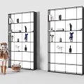 Metal Frame Shelving Unit with Multiple Compartments Displaying Decorative Items Small Luggage and Cartoon Character