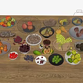 Fresh Assorted Fruits with Grapes Apples Bananas and Watermelon in Bowls on Wooden Table