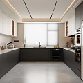 Modern Kitchen Interior With White And Dark Gray Cabinets Oven Refrigerator Countertop And Window