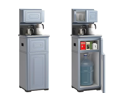 Gray Vertical Water Dispenser Household Appliances With Open Closed Cabinet Doors And Water Bottle 3d model