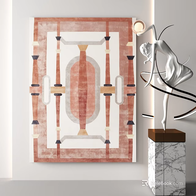 Square Rug With Geometric Pattern In Red Beige Gray For Modern Interior Decor 3d model