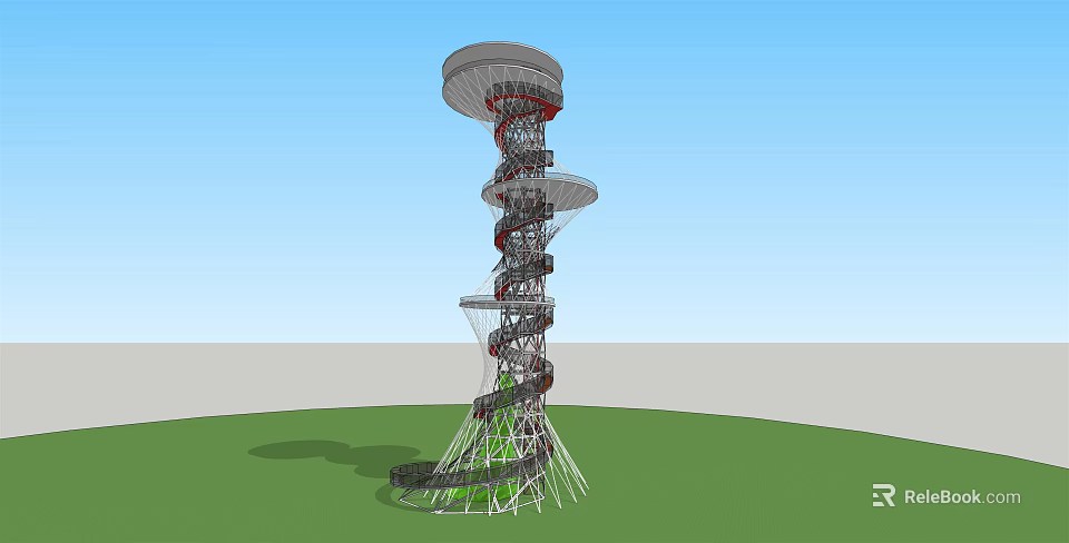 Modern Spiral Tower with Circular Platforms Support Structure on Green Ground under Blue Sky 3d model