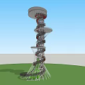 Modern Spiral Tower with Circular Platforms Support Structure on Green Ground under Blue Sky 3d model