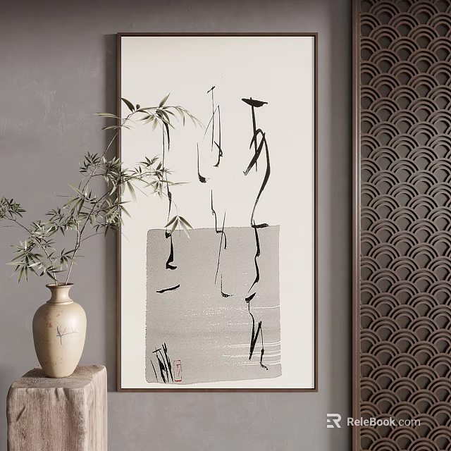 Traditional Chinese Ink Landscape Painting With Bamboo Vase And Screen 3d model 