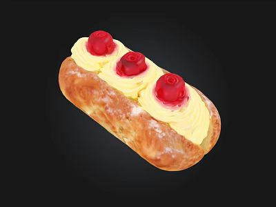 Delicious Eclair Pastry With Yellow Cream And Red Cherries On Black Background 3d model