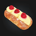Delicious Eclair Pastry With Yellow Cream And Red Cherries On Black Background