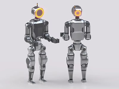Silver Metallic Intelligent Robots With Yellow Circular Headlights Standing Face to Face Interacting 3d model