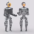 Silver Metallic Intelligent Robots With Yellow Circular Headlights Standing Face to Face Interacting