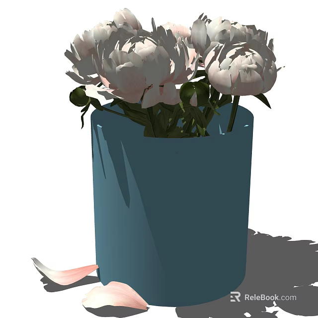 White Peonies Arrangement in Light Blue Vase with Green Leaves for Home Decor 3d model 