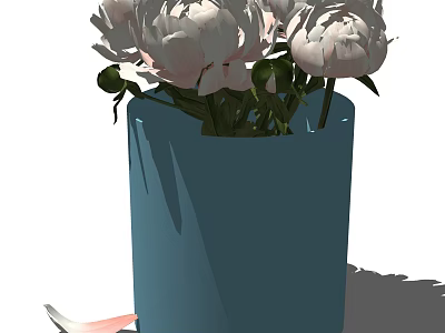White Peonies Arrangement in Light Blue Vase with Green Leaves for Home Decor 3d model