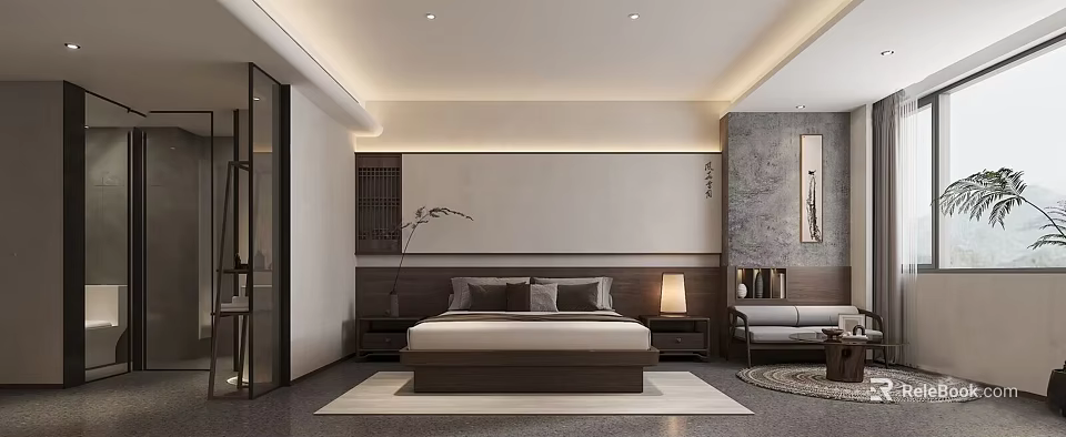 Hotel Guest Room Modern Chinese Style With Wooden Bed Nightstands Table Lamp And Rug 3d model 