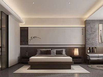 Hotel Guest Room Modern Chinese Style With Wooden Bed Nightstands Table Lamp And Rug 3d model