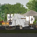 Garden Landscape with Tent Campfire Parasol Chairs and Lush Green Plants