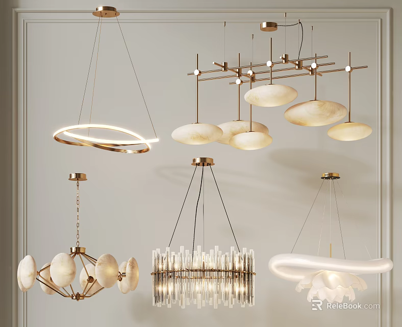 Stylish Modern Chandeliers with Various Shapes and Materials for Interior Lighting 3d model 