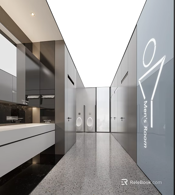 Modern Public Restroom Design With Clean Sink Stalls Men's Room Sign And Mirrors 3d model 