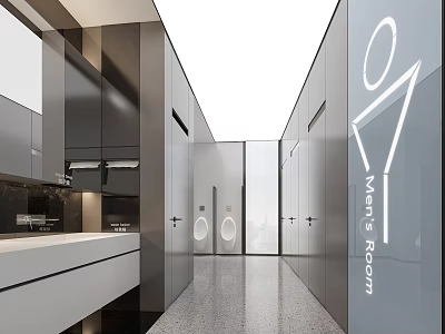 Modern Public Restroom Design With Clean Sink Stalls Men's Room Sign And Mirrors 3d model