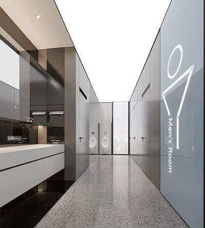 Modern Public Restroom Design With Clean Sink Stalls Men's Room Sign And Mirrors 3d model