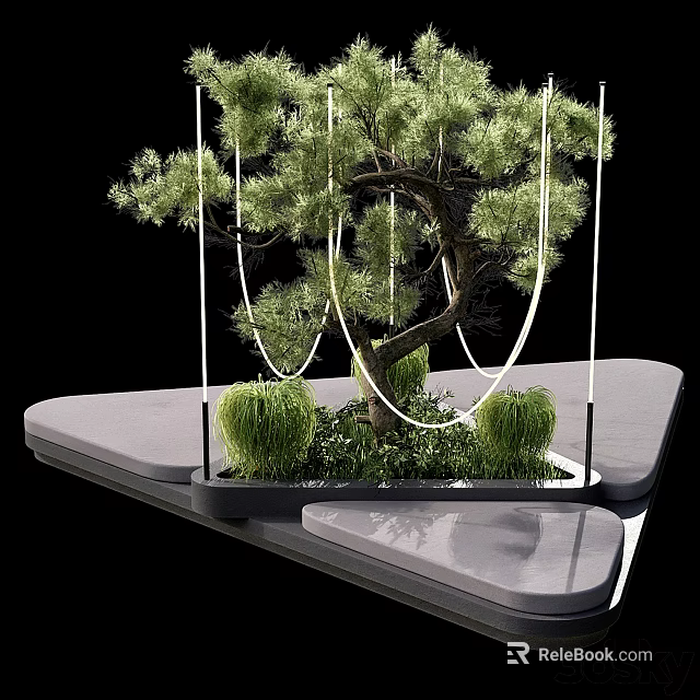 Decorative Arbor Tree With Hanging Ropes On Modern Platform And Surrounding Green Plants 3d model 