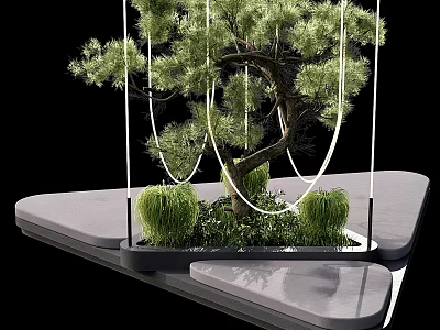 Decorative Arbor Tree With Hanging Ropes On Modern Platform And Surrounding Green Plants 3d model
