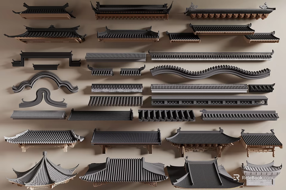 Traditional Chinese Building Components With Various Roof Structures Tiles And Eaves 3d model 