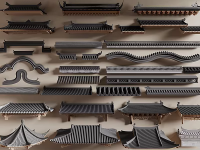 Traditional Chinese Building Components With Various Roof Structures Tiles And Eaves 3d model