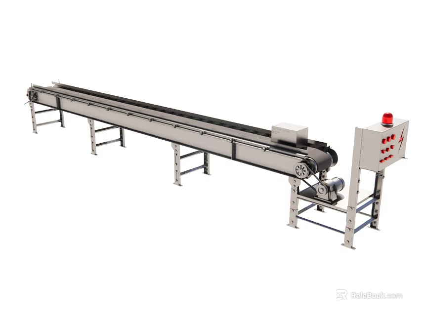 Industrial Conveyor Belt System With Metal Frame Control Panel And Warning Light 3d model