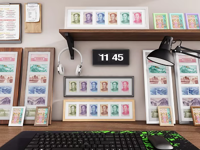 Modern Decorative Ornament Set With Framed Prints Headphones Digital Clock And Desk Lamp On Desk 3d model