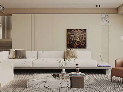 Modern Minimalist Living Room Interior With White Sofa Marble Coffee Table And Wall Artwork 3d model