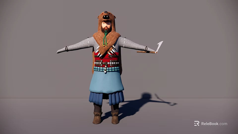 Man in gray plaid shirt colorful vest blue skirt holding knife with arms outstretched 3d model 